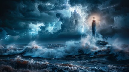 A powerful thunderstorm with striking lightning illuminates a solitary lighthouse amidst the turmoil of a raging sea, portraying the force of nature.