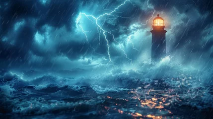 Fotobehang A powerful thunderstorm with striking lightning illuminates a solitary lighthouse amidst the turmoil of a raging sea, portraying the force of nature. © Riz