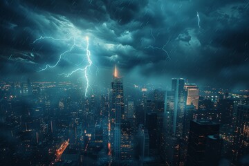 A close-up of a lightning bolt striking a towering skyscraper during a thunderstorm, with the city lights flickering below. - obrazy, fototapety, plakaty