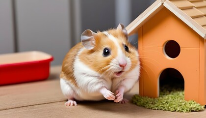 A Hamster Popping Out Of A Tiny Hamster House Upscaled 5