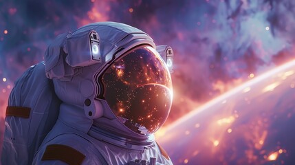 the spirit of space exploration, featuring an astronaut with a visor reflecting a vibrant tapestry of distant galaxies, stars, and cosmic lights. - obrazy, fototapety, plakaty