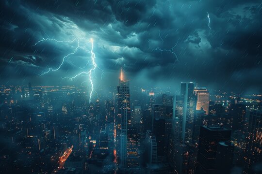 A close-up of a lightning bolt striking a towering skyscraper during a thunderstorm, with the city lights flickering below.