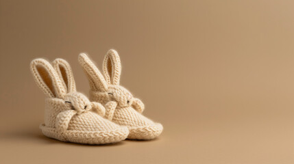 Close-up of newborn beige baby's booties. Advertising photo. Beige background of the photo studio. «You will have a baby!»