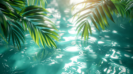 Fototapeta na wymiar Tropical leaves over a turquoise water and sun reflections. 