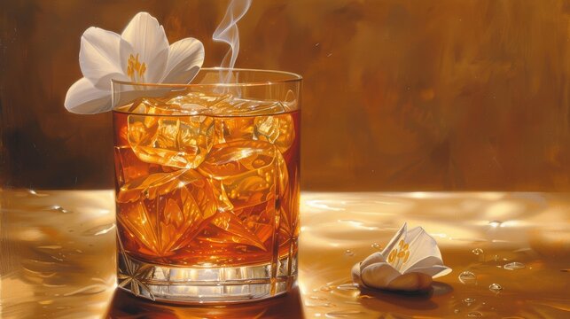 a painting of a glass of tea with a flower in the middle of it and a white flower in the middle of the glass.