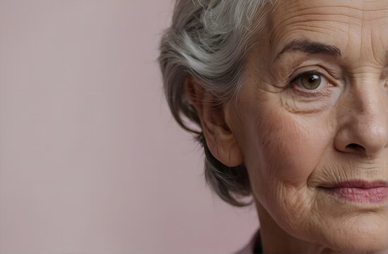 Closeup of a old lady with pink background 