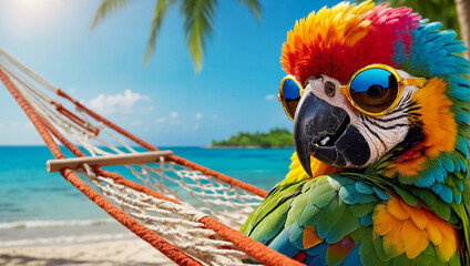 cute parrot in sunglasses on the beach