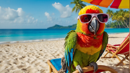 cute parrot in sunglasses on the beach summer