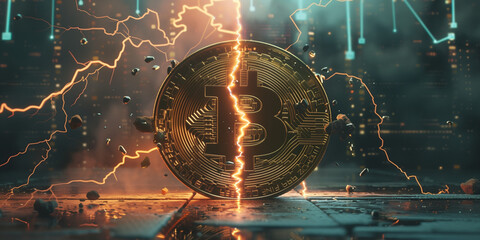 Golden Bitcoin split by a lightning bolt reflects the volatility and dynamism of digital currencies - obrazy, fototapety, plakaty