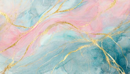 abstract watercolor paint background illustration soft pastel pink blue color and golden lines with liquid fluid marbled paper texture banner texture