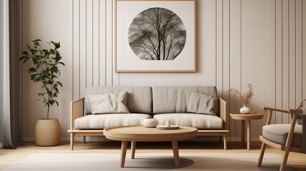 Modern Living Room with Beige Couch and Monochrome Tree Wall Art