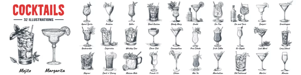 Fotobehang Alcoholic cocktails hand drawn vector illustration. Sketch set. Moscow mule, bloody mary, pina colada, mojito, margarita, daiquiri, Mimosa, long island iced tea, Bellini, margarita. © Suleyma