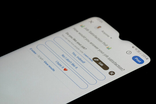 LinkedIn posting a poll screen, smartphone screen with black background, LinkedIn app on android phone, poll concept: Istanbul, Turkey - 12.03.24