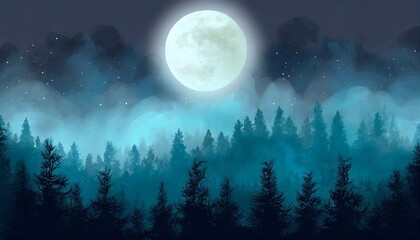 mystical panoramic view fog over the mystical forest on a moonlit night horizontal illustration