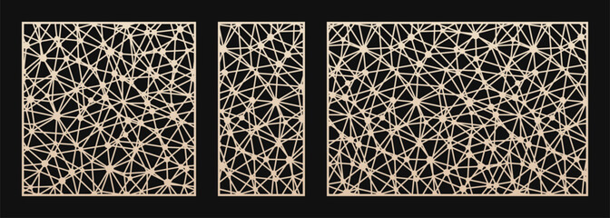 Laser cut panel. Cutout silhouette with abstract geometric pattern, lines, modes, triangles, grid, neural lattice. Template for CNC cutting of wood, metal, plastic, paper. Aspect ratio 1:1, 1:2, 3:2