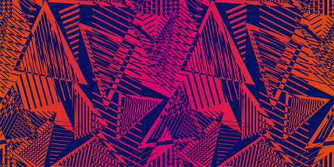 Abstract neon sporty seamless pattern. Urban street grunge texture with chaotic lines, strokes, triangles, ink paint. Colorful graffiti style vector background. Pop art fashion. Trendy sport design