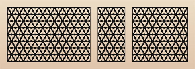 Laser cut patterns set. Vector decorative panels design with geometric ornament, abstract grid, lattice, curved shapes. Template for cnc cutting of wood, metal, plastic. Aspect ratio 3:2, 1:2, 1:1