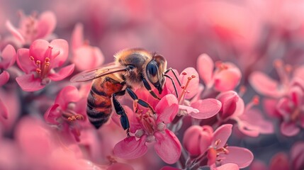 A bumblebee or bee pollinates a flower in spring or summer