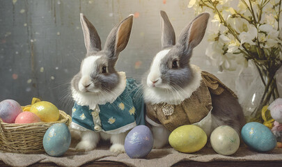 Two cute Easter bunnies fluffy baby rabbits dressed in Victorian style clothes with a basket full of colorful easter eggs and spring flowers. Beautiful vintage Easter card. Generative AI.