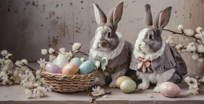 Two cute Easter bunnies fluffy baby rabbits dressed in Victorian style clothes with a basket full of colorful easter eggs and spring flowers. Beautiful vintage Easter card. Generative AI.