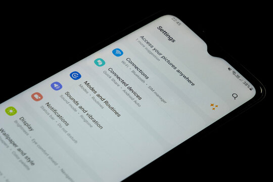 Samsung phone settings screen, smartphone screen with black background, android phone settings, wifi connections: Istanbul, Turkey - 12.03.24