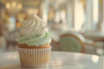 Close up of a mouthwatering vanilla cupcake to celebrate national vanilla cupcake day