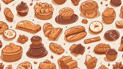 Cakes and cookies seamless pattern in outline sketc