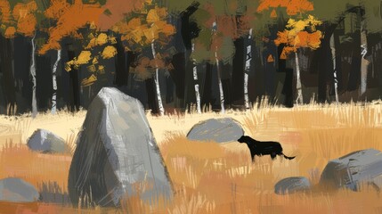 a painting of a dog in a field next to a large rock in the foreground and trees in the background.