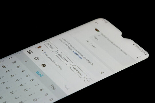 Leave a comment on Linkedin, smartphone screen with a black background, using LinkedIn app on android phone, share thoughts: Istanbul, Turkey - 12.03.24