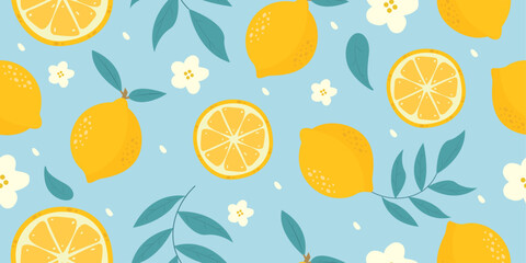 Colorful lemons and leaves seamless pattern. Exotic summer background. Hand-drawn fruit pattern. Vector illustration. © Anamarija