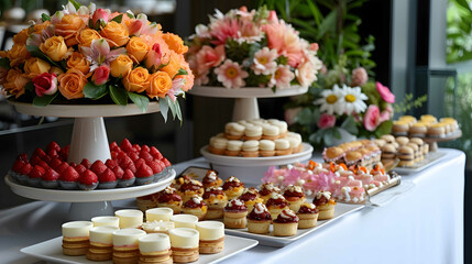 Dessert table at a wedding reception. - obrazy, fototapety, plakaty