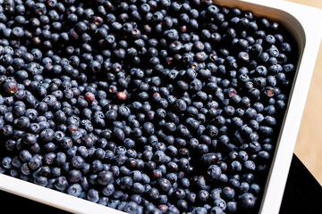 Fresh batch of blueberries, top view.