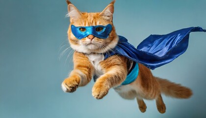 Feline Hero: Cute Orange Tabby Kitty Soaring in Blue Cloak and Mask on Light Blue Background
