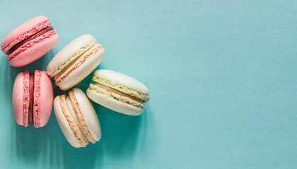 french cake macaron or macaroon on a turquoise background from above colorful almond cookies in...