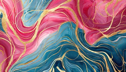 pink and blue color with golden lines liquid fluid marbled texture background