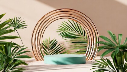 3d render podium showcase with shadows on pastel background with tropical leaves of plants mock up...