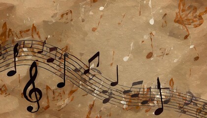 atmospheric music background with notes on old brown paper 3d illustration