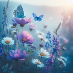 A delightful pastoral scene capturing close-up macro details of beautiful wildflowers including chamomile and purple wild peas, accompanied by a butterfly amidst morning haze in nature.