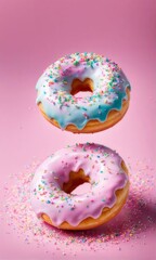Variety of vibrant glazed donuts displayed on soft pink background, enticing with their colorful toppings, delicious allure. For cafe, pastry shop website, dessert advertisements, restaurant menu.