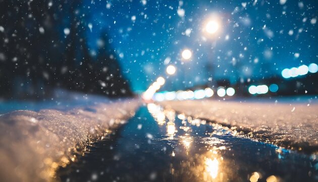 winter abstract blurred background with bokeh blurry night city lights in reflection on a snowy road neon light falling snow snowflakes