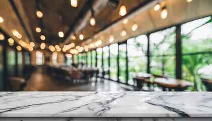 empty white marble stone table top and blur glass window interior cafe and restaurant banner mock...
