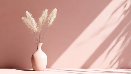 minimalist interior decor with ceramic vase and dry plant minimal shadows on the wall neutral pink 3d rendering aesthetic background