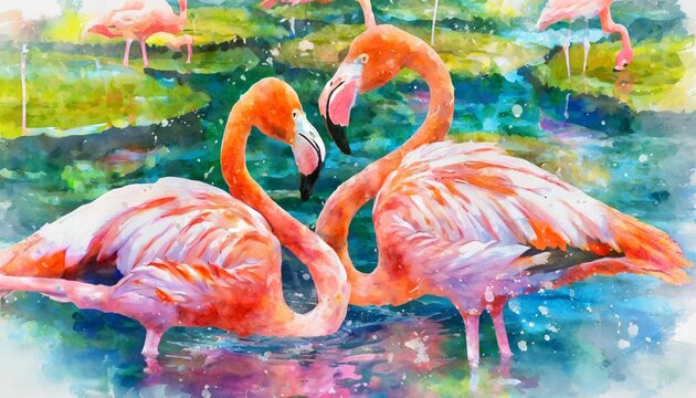 colorful flamingo birds hugging in a pond painting watercolor style background