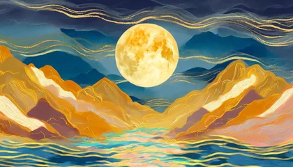 Deurstickers full moon over the mountains background glowing light clouds golden lines waves sea elegant drawing orange blue beige yellow soft imaginary japanese etching fantasy night landscape © RichieS
