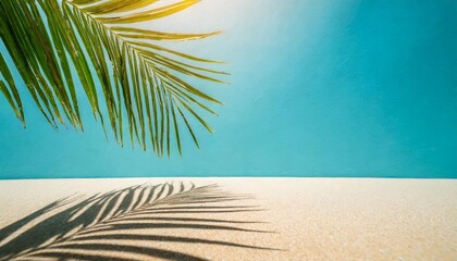 Fototapeta na wymiar palm leaves shadow on blue wall background and beige pastel floor summer tropical beach background empty room for product presentation minimal concept