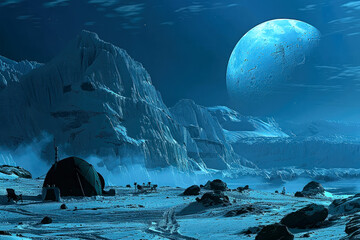 Science fiction futuristic icy landscape exploration outpost on a planet with a moon in close orbit