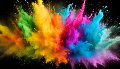 splash or explosion of multicolored paint on black background swirl of watercolor or colored powder...