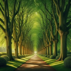 A captivating lime tree avenue resembling a tunnel, adorned with fresh green foliage, located in the park of Hundisburg Castle, Haldensleben, Saxony-Anhalt, Germany, Europe - obrazy, fototapety, plakaty