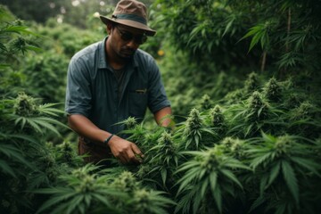 marijuana farmer harvesting marijuana on the cannabis farm. agriculture, farming and harvesting concept