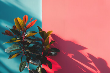 Vibrant Foliage Against Dual-Tone blue and pink Backdrop, Minimalist Aesthetic. Plant on colorful...